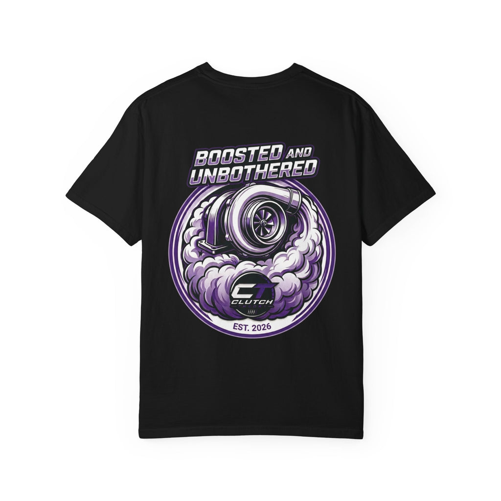 Boosted and Unbothered graphic T-shirt | Turbo Tire Smoke pocket logo